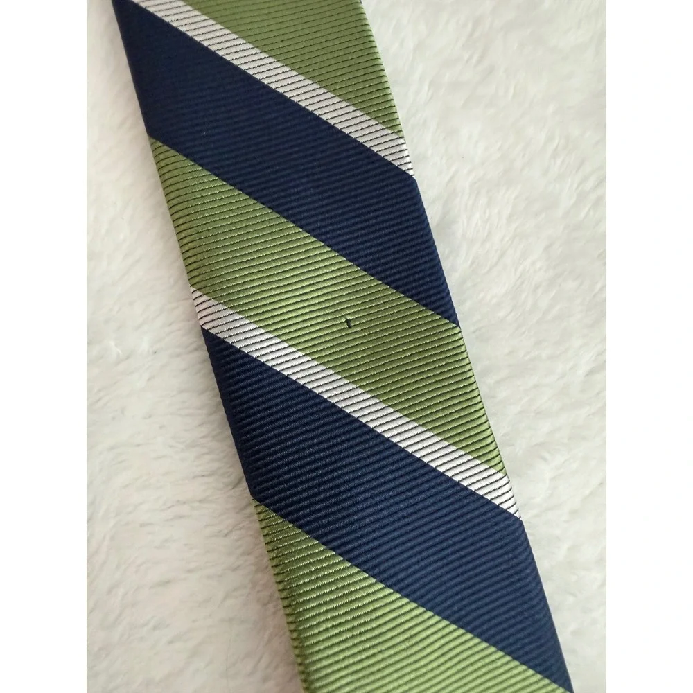 Tom James Executive Collection Silk Tie Navy Blue Olive Green Striped Mens